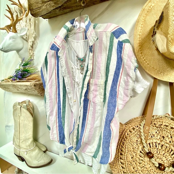 Comfy LINEN boho sleeveless blouse in trendy pastel stripes-cottage/resort vibe - Picture 10 of 13